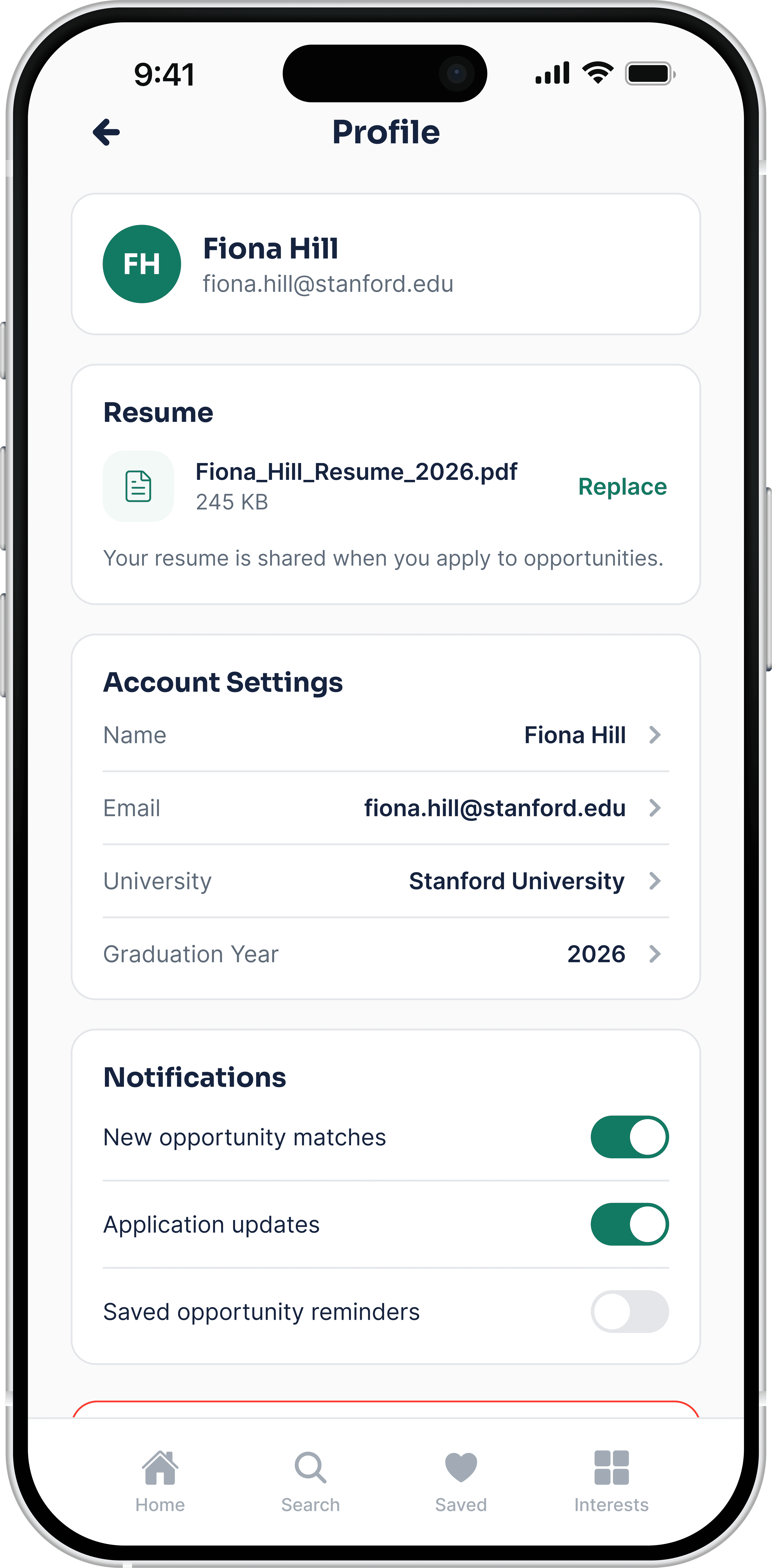 PeopleGrove Profile screen