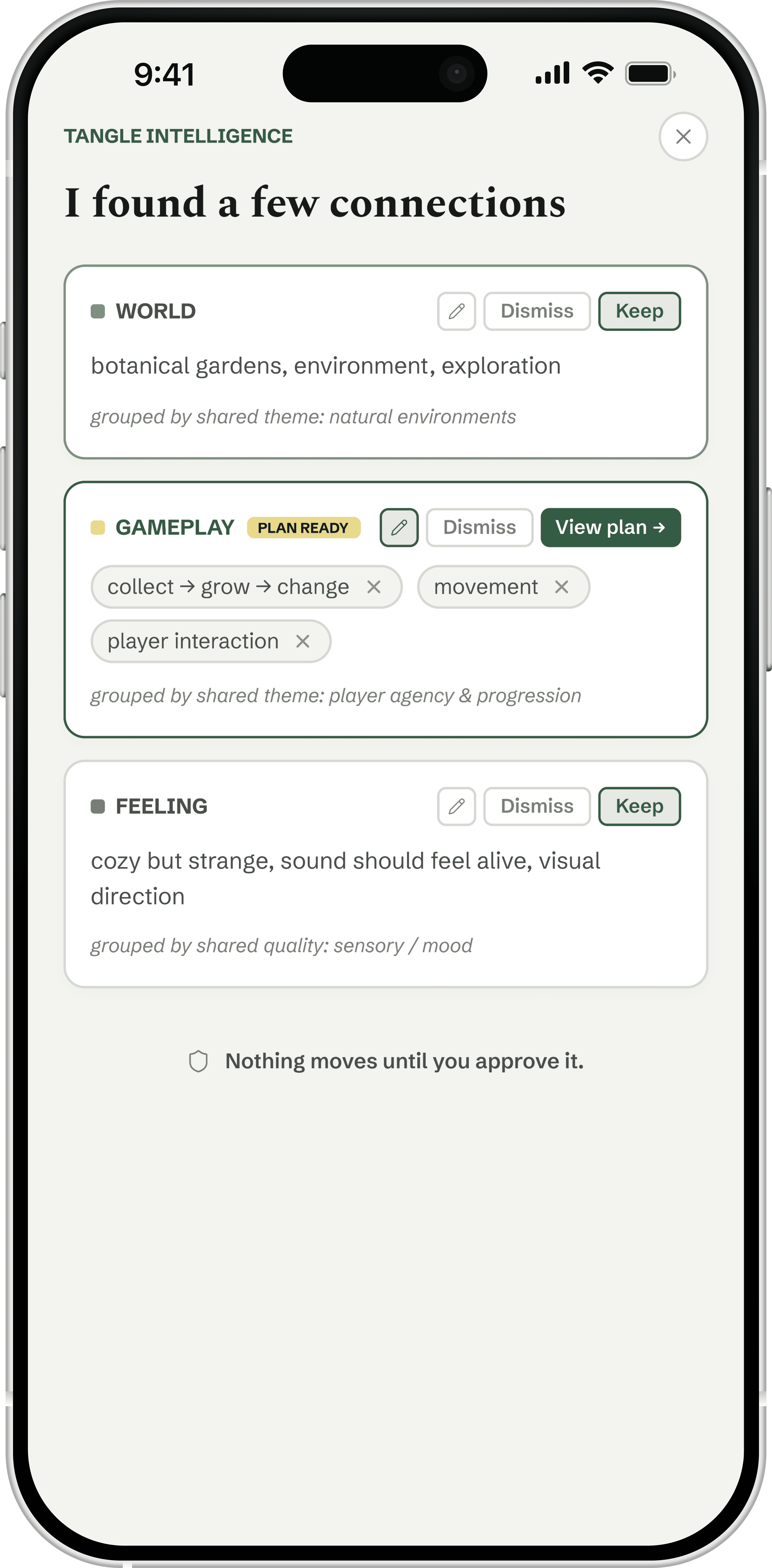 Tangle Intelligence's 'I found a few connections' screen: a Gameplay cluster expanded into edit-in-place, with removable tag chips and its own rationale line.