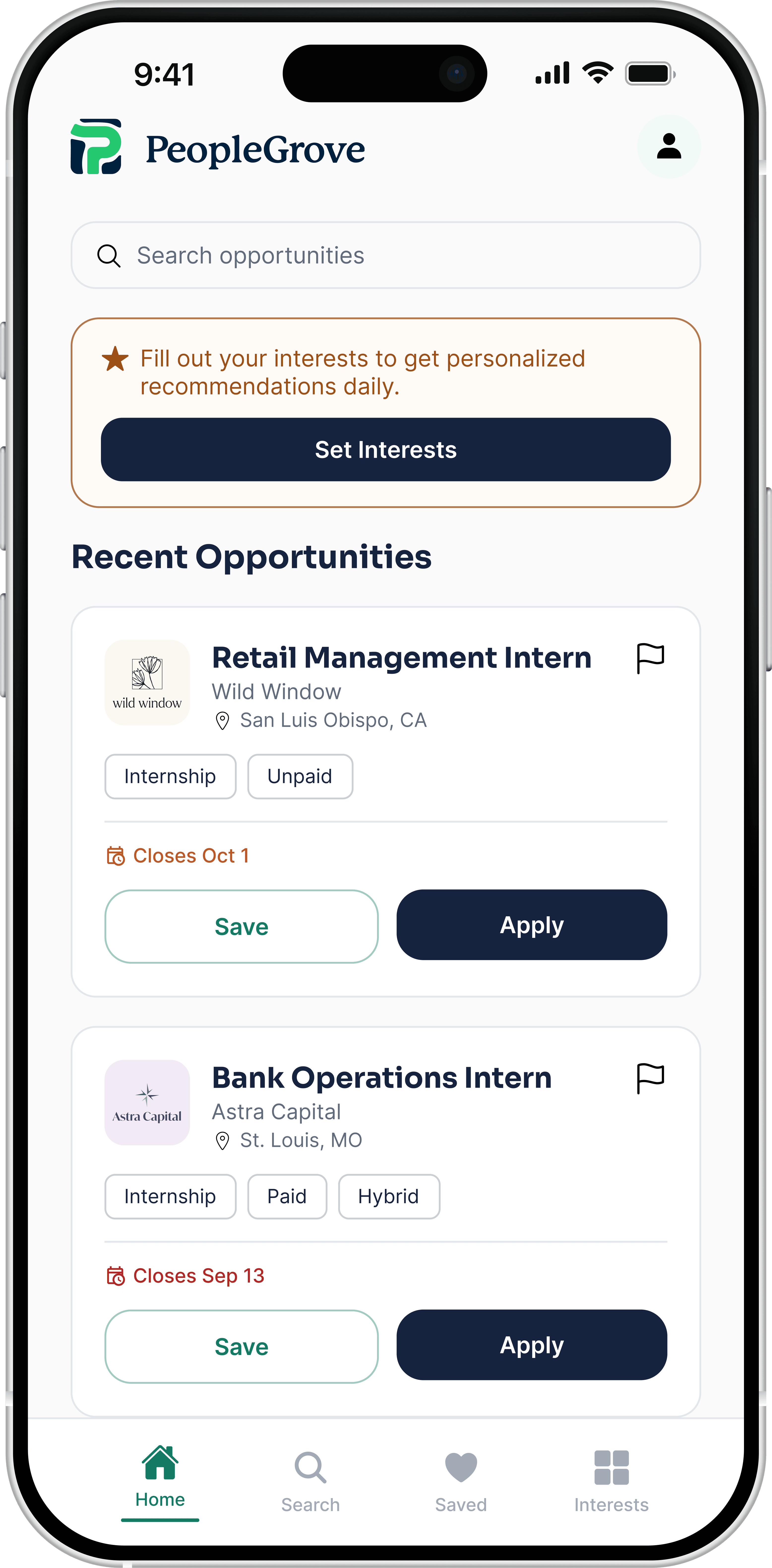 PeopleGrove's mobile Home screen: a prompt to set interests for personalized recommendations, then Recent Opportunities with Save and Apply on each card.