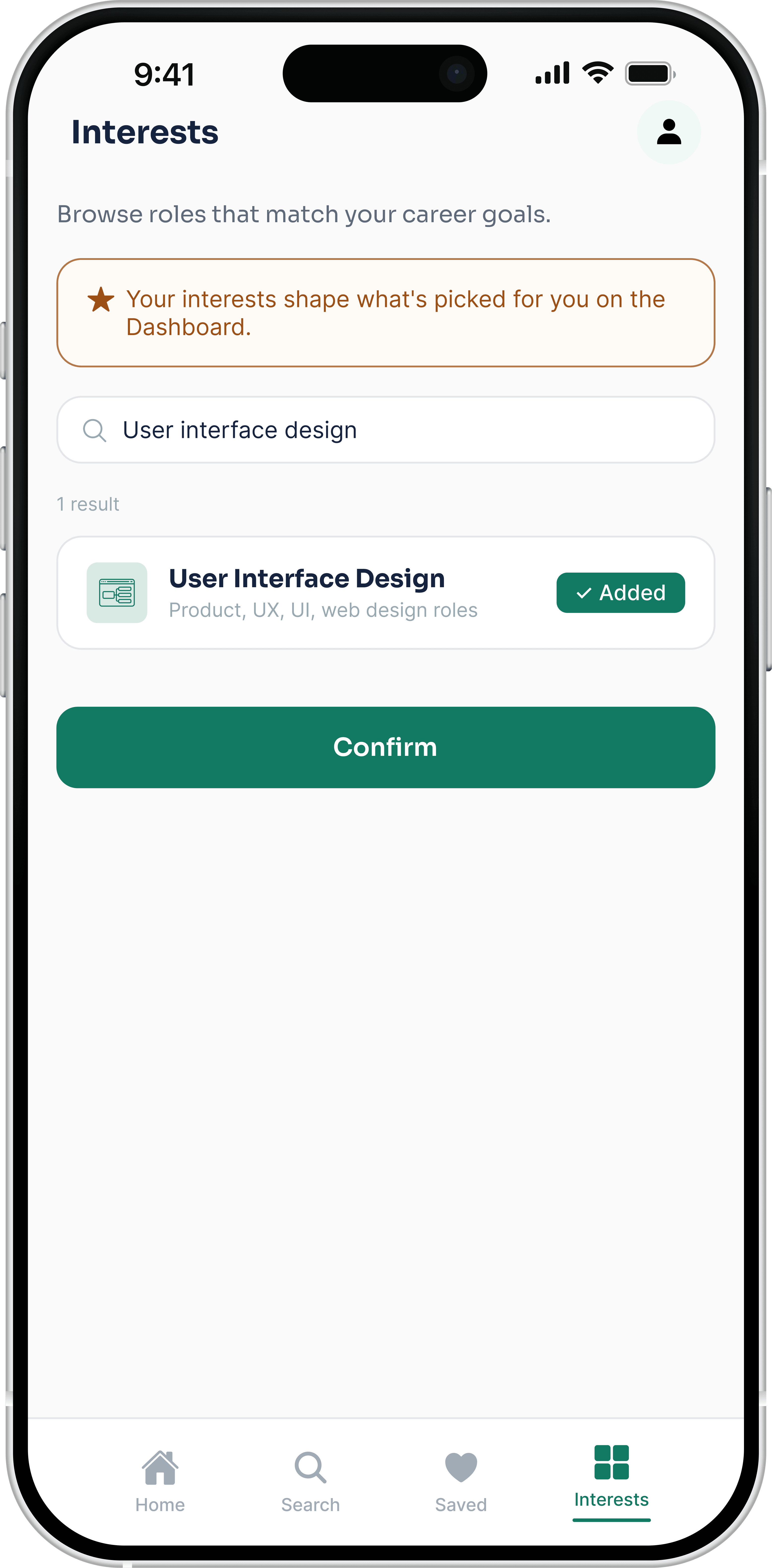 PeopleGrove's mobile Interests screen, with User Interface Design (Product, UX, UI, web design roles) added and a Confirm button.
