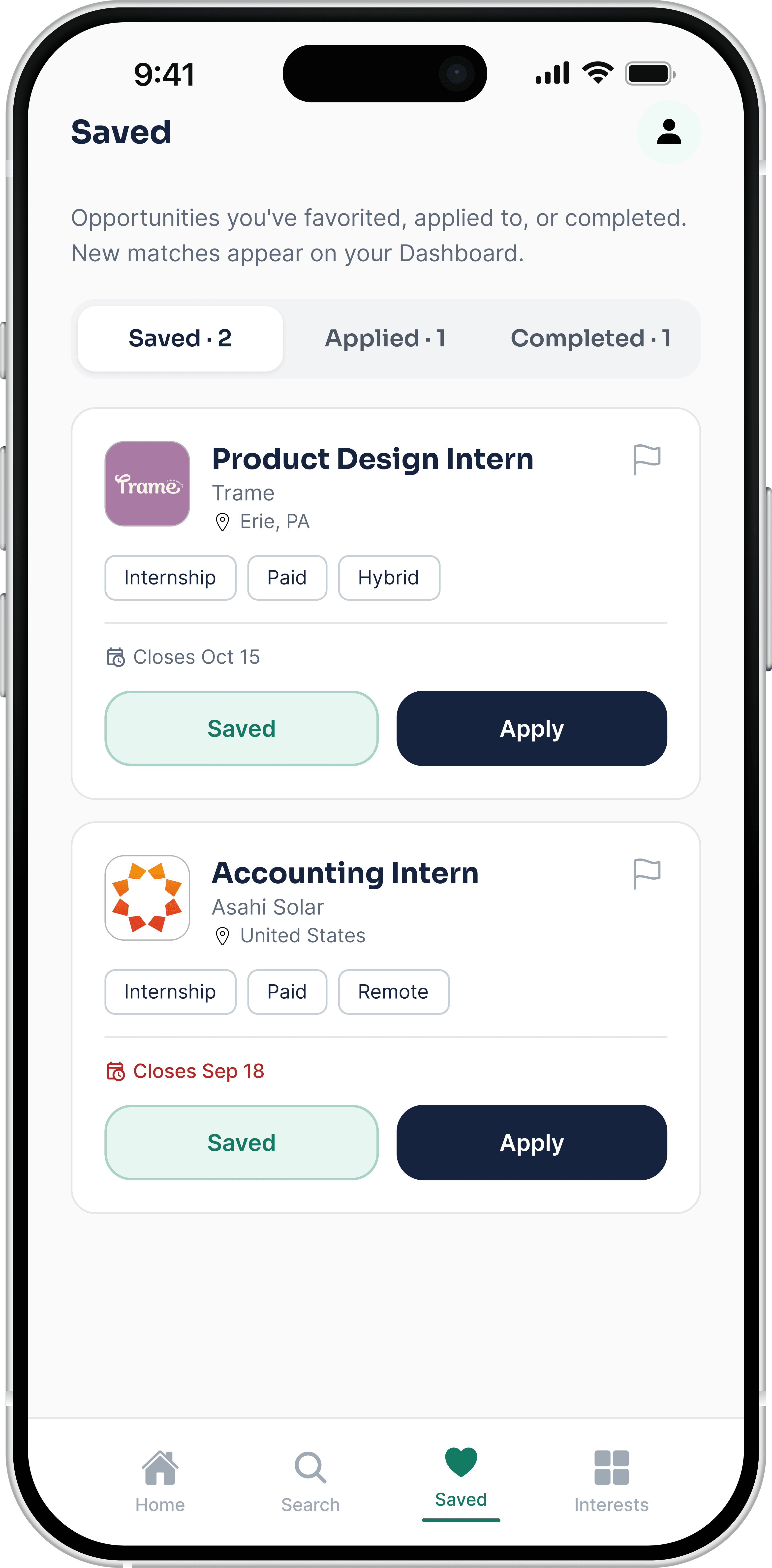 PeopleGrove's mobile Saved screen, with Saved, Applied, and Completed tabs and two saved internships.