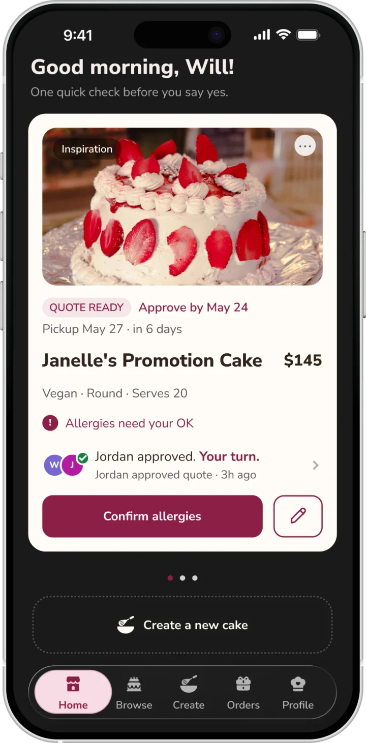 Say Cake's Home screen: Janelle's Promotion Cake, quote ready at $145, with Jordan approved and Will's turn to confirm allergies.