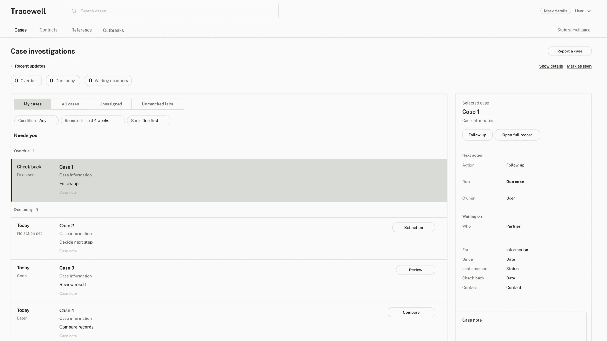 Mid-fi wireframe of the case queue screen