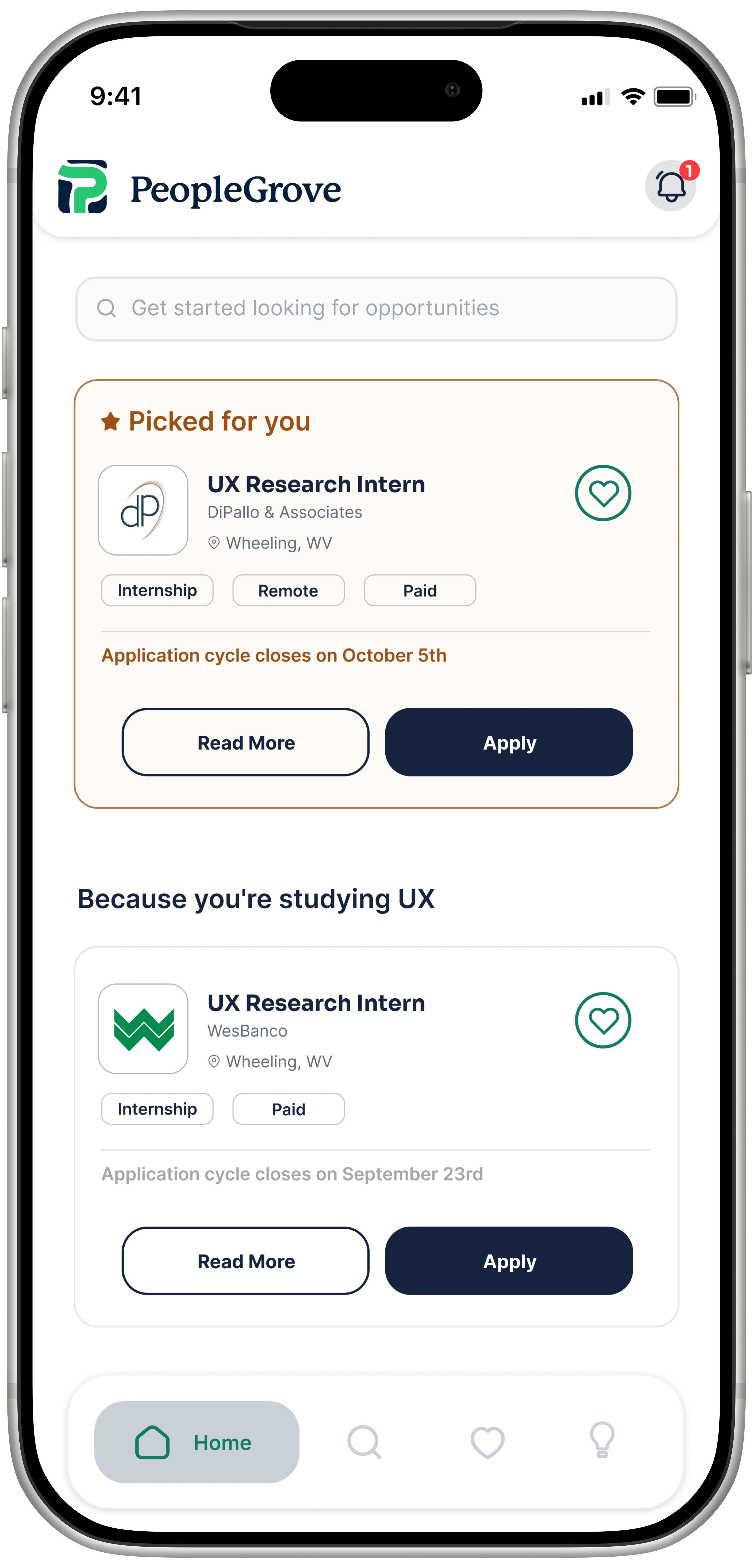 PeopleGrove's mobile Home screen, leading with a bordered Picked for you recommendation card.