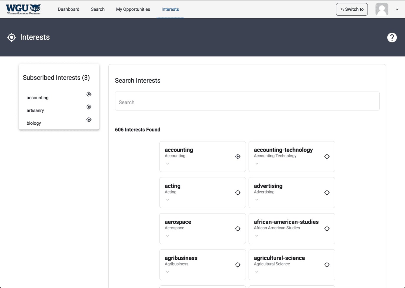 The current Interests screen with a Subscribed Interests sidebar next to a searchable grid of 606 interests.
