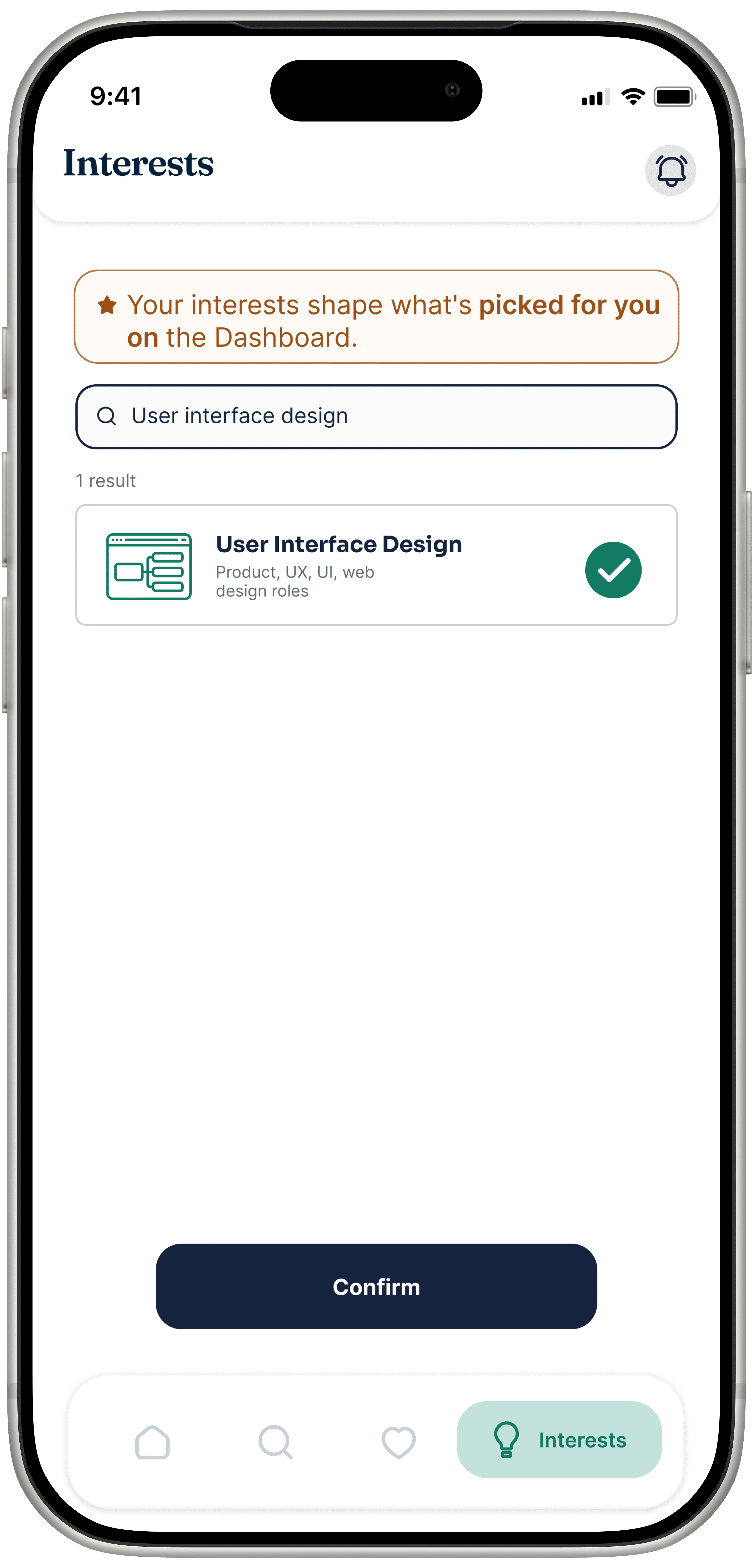 PeopleGrove's mobile Interests screen, a search result stating the exact job types it maps to.