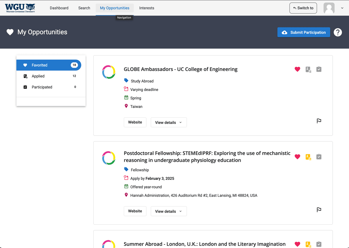 The current My Opportunities screen with Favorited, Applied, and Participated tabs down the left side.