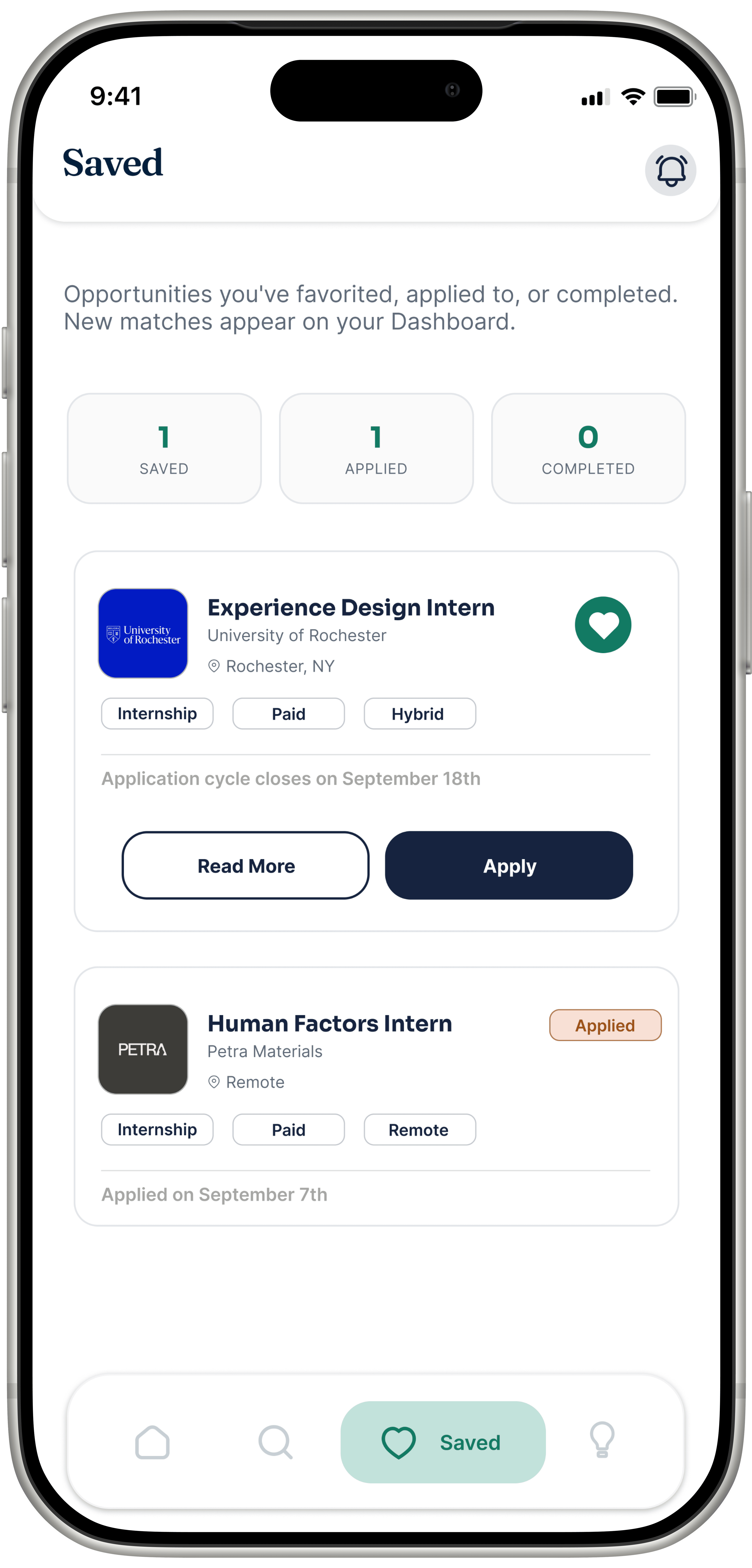 PeopleGrove's mobile Saved screen, with Saved, Applied, and Completed shown as three clear counts.