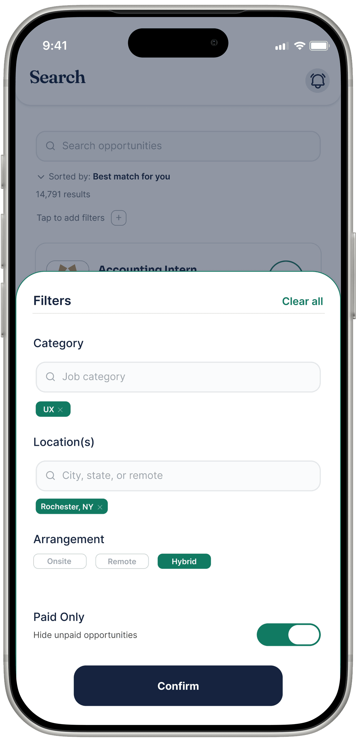 PeopleGrove's mobile filter sheet, with Category, Location, and Arrangement all set.