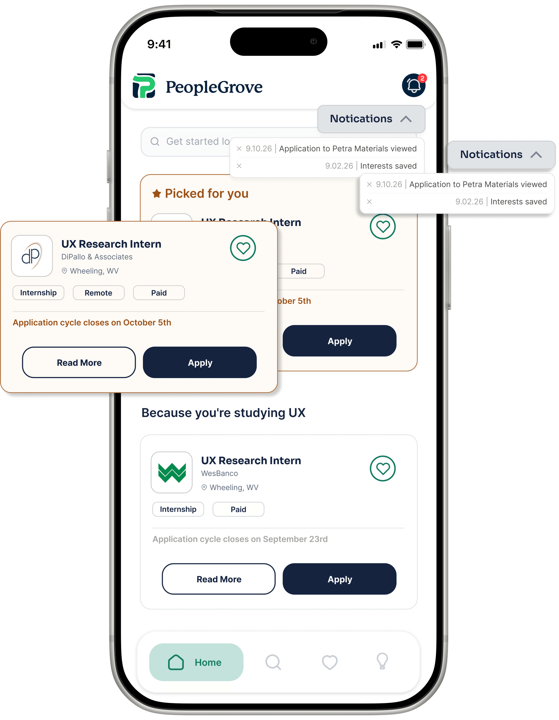 PeopleGrove's Home screen with the notifications dropdown open and a 'Picked for you' UX Research Intern card popped out for a closer look.