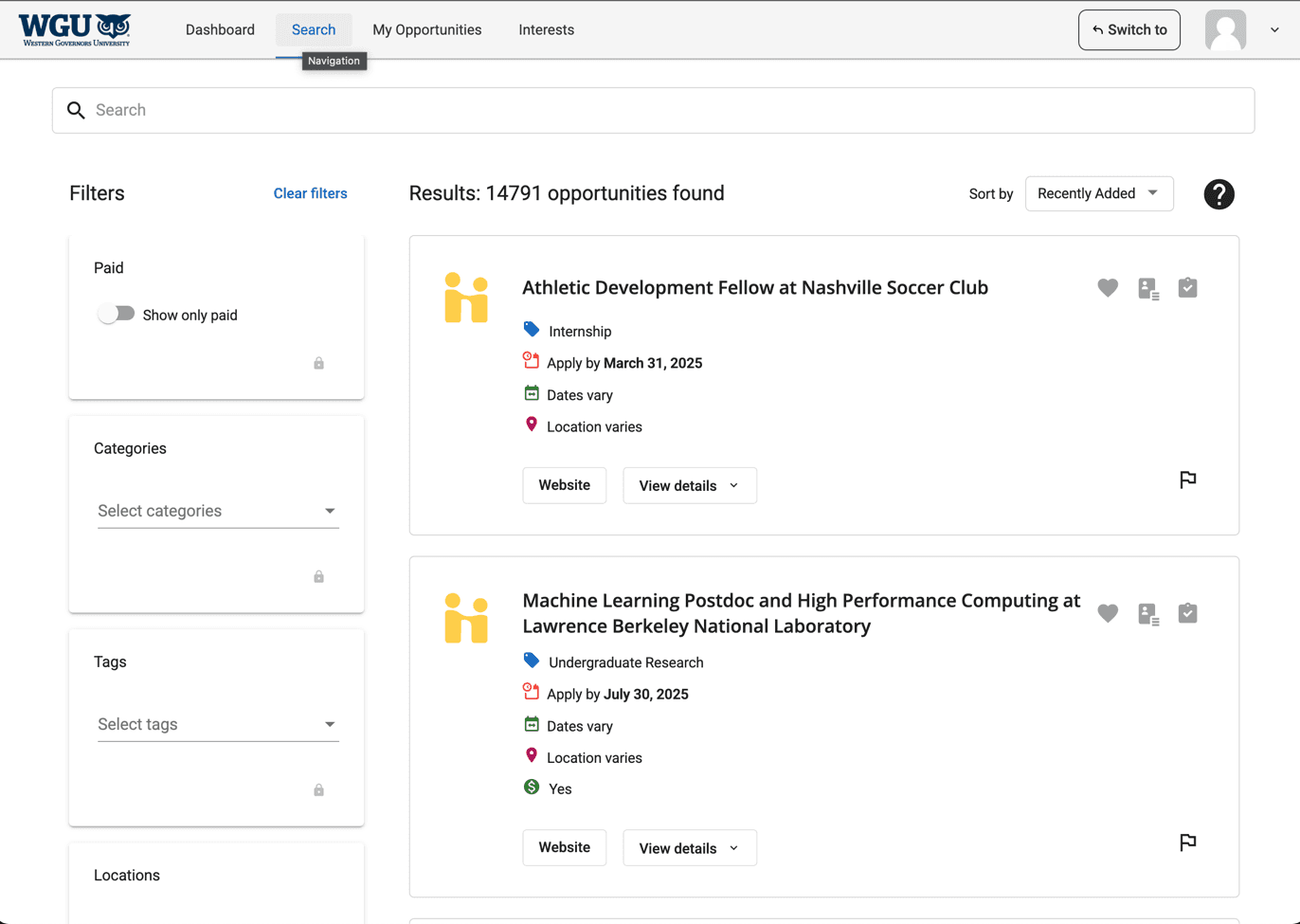 The current Search screen with a sidebar of filters (Paid, Categories, Tags, Locations) beside a list of 14,791 results.