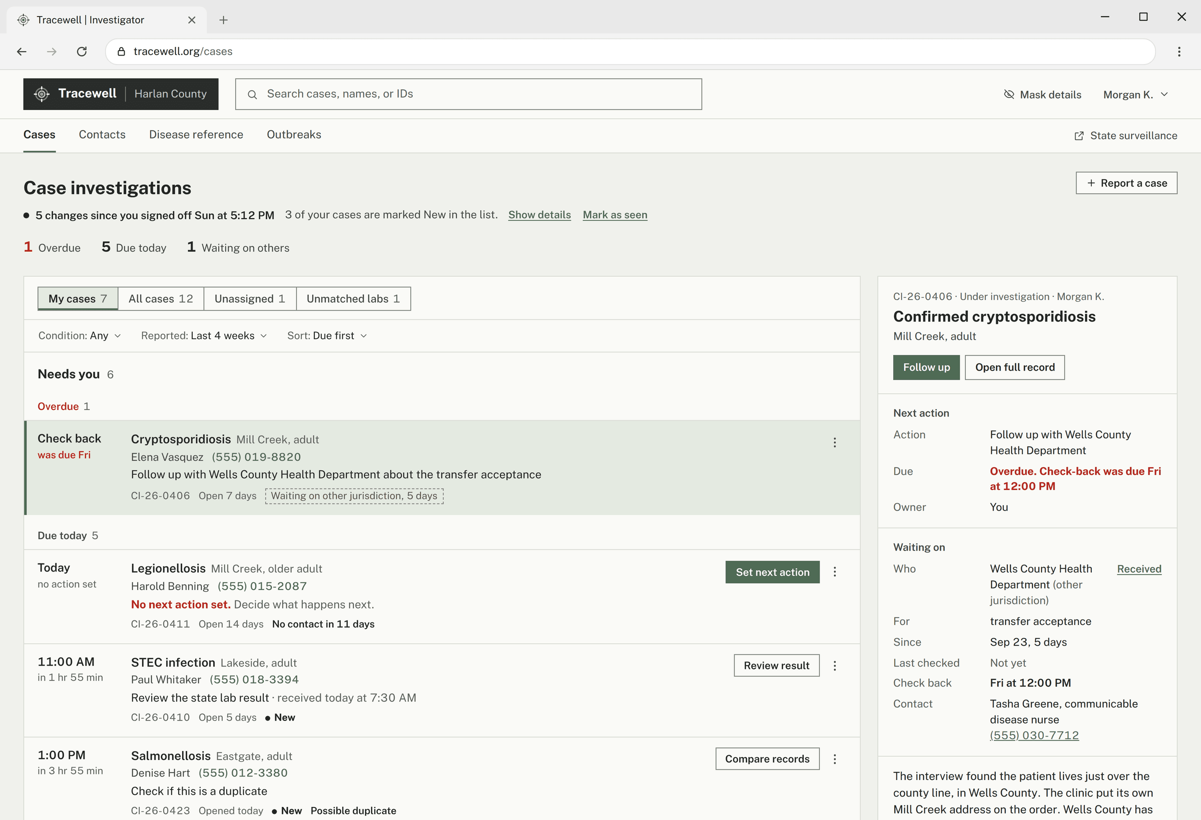 Version 1 of the case queue, in muted green, with every part of each row at a similar weight.