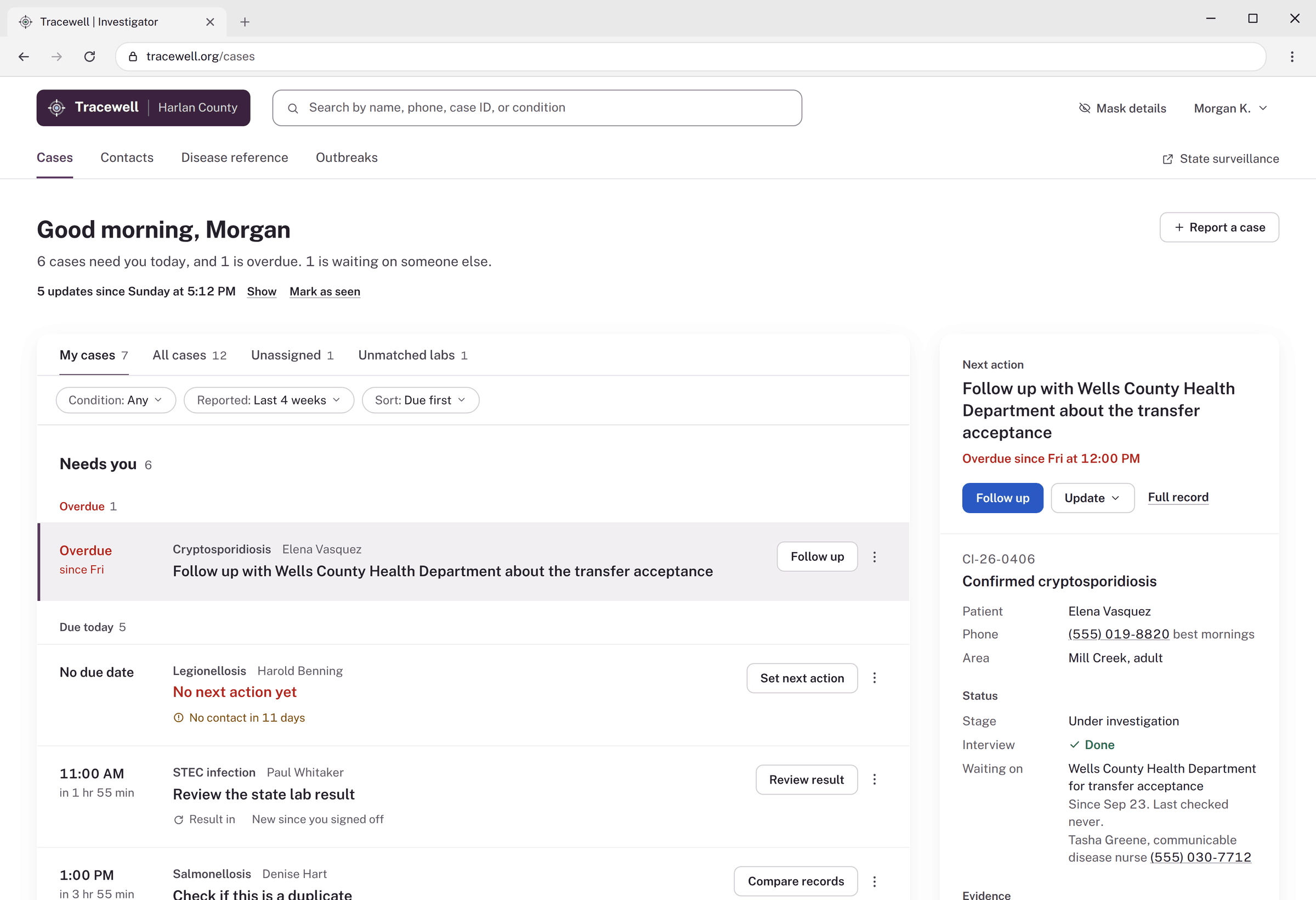 Version 2 of the case queue: aubergine and cobalt, a Good morning greeting, and rows that lead with the next action.